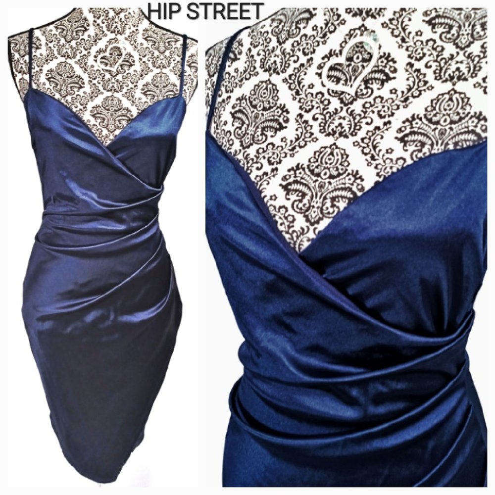 WINDSOR Spaghetti Strap Sarong Skirt Side Pleat Stretch Satin Party Dress L